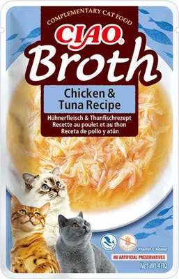 A pouch of cat food with images of cats and fish.