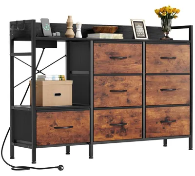 Obrázek produktu pro Komoda se 7 zásuvkami potaženými látkou, 2 zásuvkami, 2 USB porty, televizní stolek, barva hnědá, šířka 132 cm