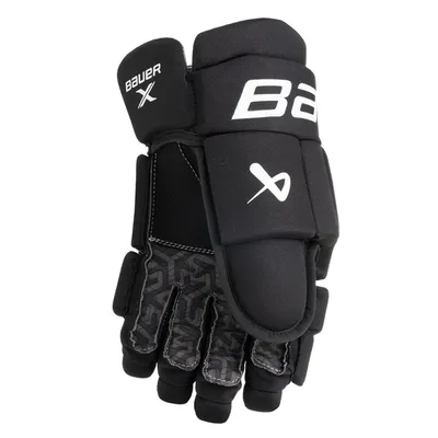 A black Bauer X hockey glove is shown against a white background.