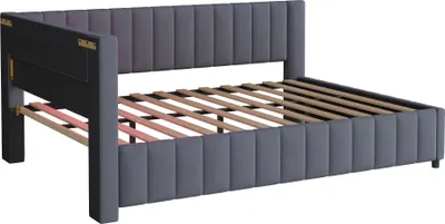 Immagine prodotto di okwish Polsterbett 140x200 divano letto, rivestito in tessuto di velluto con illuminazione a LED e presa di ricarica USB, con schienale e poggiatesta, grigio scuro (Senza materasso)