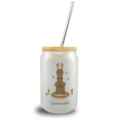 Produktbild von Lama Trinkglas mit Bambusdeckel mit Spruch Lamaste