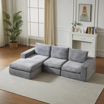 Image de okwish Grand canapé Chaiselongue, canapé en velours avec coussins d’appui, canapé L avec structure en fer et fonction lit, gris clair