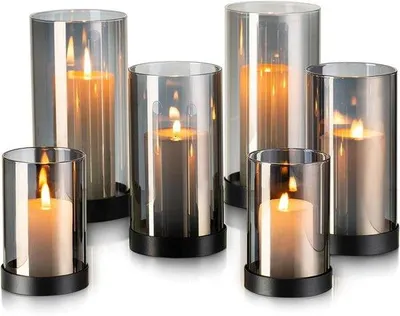 Produktbild von Windlichter aus schwarzem Glas, Tischdekoration: Set aus 6 Windlichtern für Kerzen, ideal für den Außenbereich, Glaszylinder für Teelichter, große Dekoration für Wohnzimmer, moderne Teelichtgläser