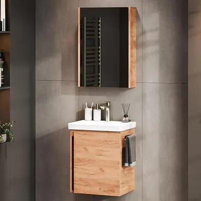 Produktbild von Waschtisch mit Unterschrank 50 cm inkl. Spiegelschrank 50cm, Badmöbel Set mit Waschbecken, hängend, Gold Eiche