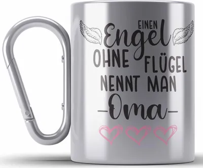Produktbild von Trendation - Einen Engel Ohne Flügel Nennt Man Oma Edelstahl Tasse Karabiner Geschenk Muttertag Spruch Großmutter (Silber)