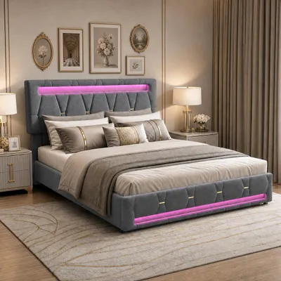 Obrázek produktu pro Postel INONEFT, čalouněná, dvoulůžko, 160 x 200 cm, postel pro mládež s LED osvětlením, úložná postel se 4 zásuvkami, funkční postel, materiál: len, barva: šedá