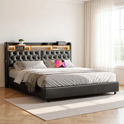 Image de Lit rembourré INONEFT 180x200 cm avec fonction de rangement (USB et Type-C), lit double pour adolescents avec sommier à lattes, lit coffre avec éclairage LED, revêtement en PU, couleur noire