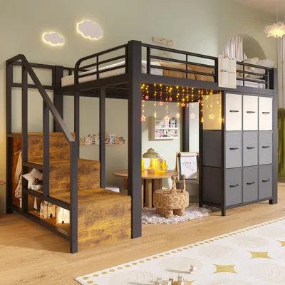 Produktbild von Merax Etagenbett Hochbett 140x200 cm, Metall Kinderbett mit 9 Schubladen, Kleiderstange, Mini-Tasche, Treppe mit Stauraum, Jugend Stockbett, Schwarz