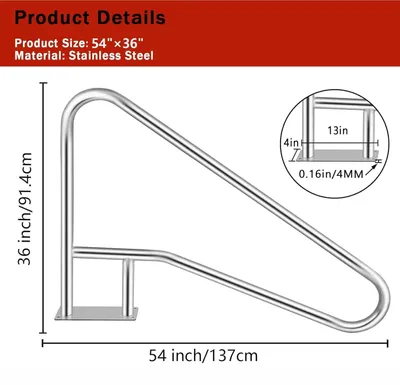 Obrázek produktu pro Madlo pro bazény – bezpečnostní madlo pro vestavěné bazény – nerezová ocel 304 – kryt madla – nosnost 170 kg – rozměry 137 x 91 cm