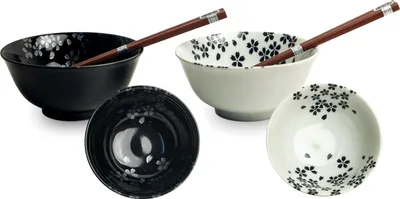 Produktbild von Porzellan Bowl-Set „Kurohana“ – 2 Schalen mit Stäbchen Japan