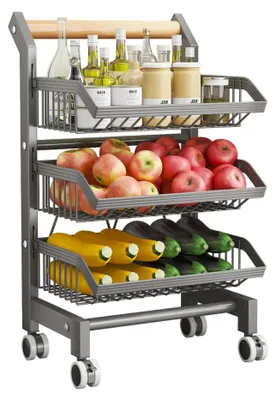 Immagine prodotto di Carrello da cucina mobile - Scaffalatura in metallo a 3 ripiani - Cesto sottile per verdura e frutta - Carrello con cesto per cipolle e patate - Ideale per dispensa, bagno, ufficio