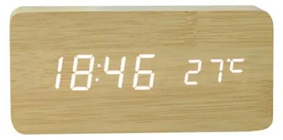 Obrázok produktu pre Elektronické stolové hodiny s meteostanicou + hlasové ovládanie, napájanie batériou alebo káblom USB-C Farba dreva