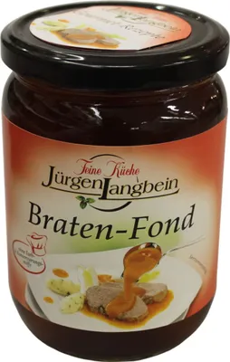 A jar of Jürgen Langbein Braten-Fond with a picture of food on the label.