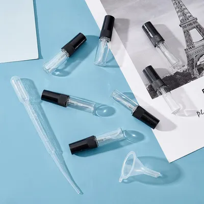 Immagine prodotto di mini atomizzatore da 3 ml in vetro trasparente - atomizzatore da viaggio con coperchio nero - 40 pezzi con imbuto e pipette - per profumi e cosmetici