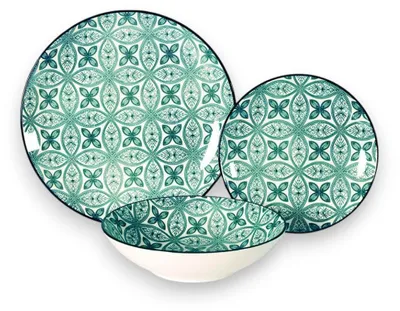 Image de Service de table 18 pièces pour 6 couverts, en porcelaine, avec décor en faïence verte Grin