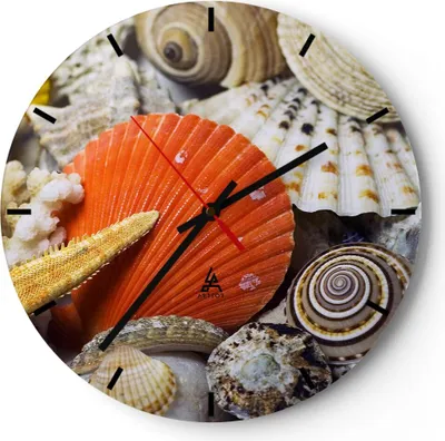 Produktbild von Wanduhr - Rund - Glasuhr - Seashell Meer Strand Sand - 40x40cm - Schleichendes Uhrwerk - Lautlos - zum Aufhängen bereit - Dekoration Modern - Wanddekoration aus Glas - C3AR40x40-0456