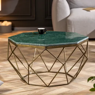Image de Élégante table basse DIAMOND 70 cm, vert laiton, avec plateau en marbre