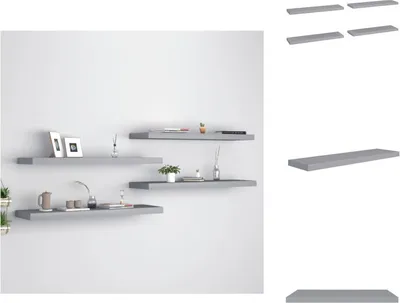 Obrázek produktu pro vidaXL Plovoucí nástěnné police 4 ks. Šedé 90x23,5x3,8cm MDF - Nástěnné police