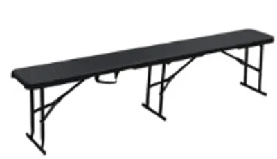 A long, black, folding bench with a rattan-like texture on a white background.