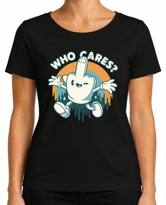 Productafbeelding van "Who Cares" T-shirt met een cartoonafbeelding van een middelvinger, in retro/vintage stijl, voor dames, zwart, maat S