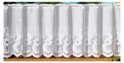 Produktbild von Scheibengardine mit handgebogter Blumenbordüre aus edlem Jacquard in weiß, HxB 50 x 145 cm