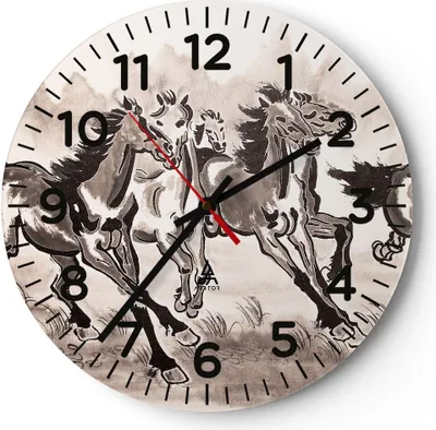 Produktbild von Wanduhr - Rund - Glasuhr - Pferd Abbildung Natur - 40x40cm - Schleichendes Uhrwerk - Lautlos - zum Aufhängen bereit - Dekoration Modern - Wanddekoration aus Glas - C4AR40x40-3117