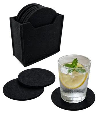Produktbild von Filz Untersetzer für Gläser & Tassen 12er Set mit Box, runde Tischuntersetzer 10cm abwaschbar Schwarz