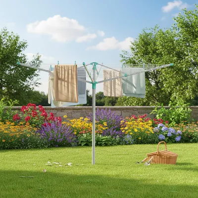 Produktbild von SONGMICS Wäschespinne, Wäscheständer, höhenverstellbar, 60 m Wäscheleine, für 6 Waschmaschinenladungen, Outdoor, Garten, mit Bodenhülse, Wäscheklammer