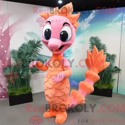Image de Personnage mascotte REDBROKOLY d un hippocampe pêche habillé d une robe fourreau et de bandeaux