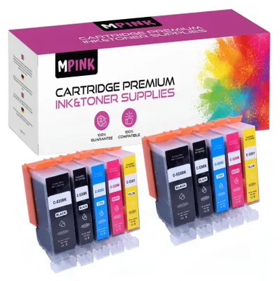 A box of printer ink cartridges with two sets of cartridges displayed in front.