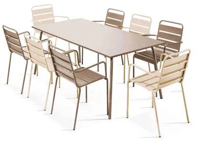 Image de Ensemble table de jardin et 8 fauteuils en métal taupe et ivoire - Oviala Palavas