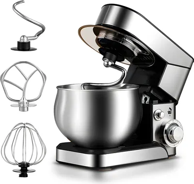 Produktbild von Elektrischer Kuechen-Standmixer, 1200 W, mit 4,5-Qt-Ruehrschuessel und 3 Aufsaetzen, 6-Gang-Einstellung, Haushalts-Knetmixer mit kippbarem Kopf, Teig- und Kuchenbackmixer mit Spritzschutz und Anti-Rutsch-Saugern