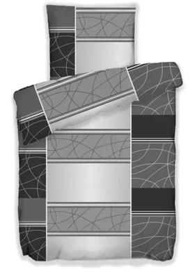 A folded duvet cover and pillowcase set with a geometric pattern.