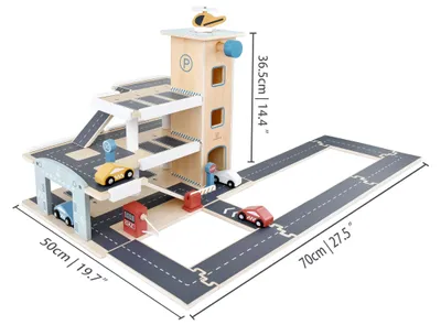 Produktbild von Holz-Parkeergarage mit Aufzug, Helikopter und Zubehör, 70 x 50 x 36,5 cm, für Kinder