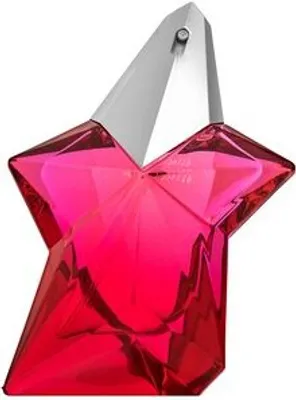 A star-shaped perfume bottle with a pink gradient and a silver cap.