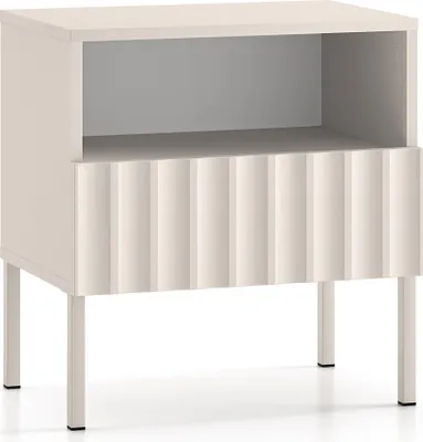 A light beige nightstand with a fluted drawer front and four slender legs, shown against a white background.
