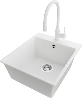 Produktbild von PRIMAGRAN Granitspüle Weiß 43x50cm, Spülbecken 1 Becken + Küchenarmatur 38x14cm + Ablauf-Set, Küchenspüle ab 45er Unterschrank - Riga