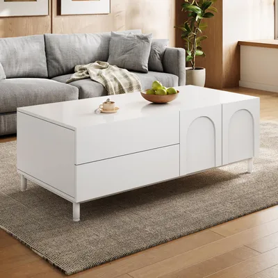 Produktbild von Merax Couchtisch mit Schubladen und Bogen-Türen, Beistelltisch mit Stahlrohrfüße, rechteckiger Wohnzimmertisch aus MDF + Spanplatte, Weiß