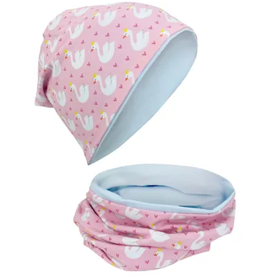 Produktbild von HECKBO Schwan Kinder Mädchen Beanie Mütze & Loop-Schal Set - Wendemütze  - 2-8 Jahre
