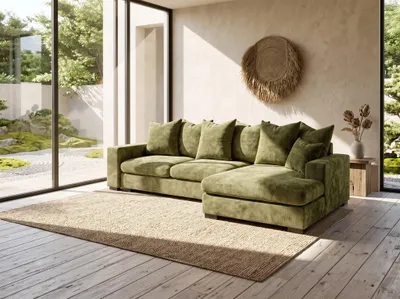 Produktbild von Ecksofa mit Schlaffunktion BENICIO Sofa in Stoff Flow Olivgrün Ottomane Rechts