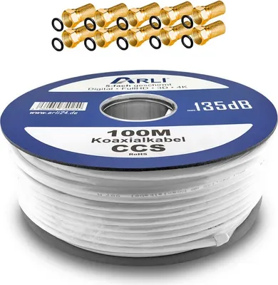 Produktbild von 100m ARLI Koaxialkabel – max. 135 dB 5-fach geschirmt UV-beständig + 10x F-Stecker vergoldet mit breiter Mutter & Dichtring für DVB-S DVB-T2 4K HDTV