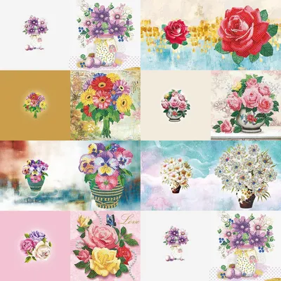Immagine prodotto di 5 biglietti di auguri con kit per dipinti a diamante, 8 pezzi, con motivi come rosa, margherita, vaso, ghirlanda natalizia, torta di compleanno