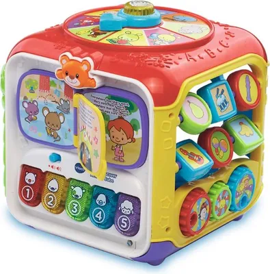 A colorful VTech learning cube toy with various interactive elements.
