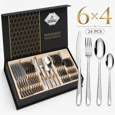 Produktbild von Besteck Set 24-teilig Edelstahl Besteckset,modernes Silber Essbesteck 6 Personen mit Messer,Gabel, Löffel & Teelöffel, spülmaschinenfest, Geschenkbox