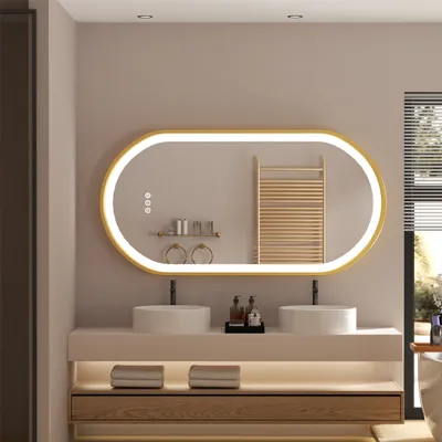Zdjęcie produktu dla Lustro łazienkowe WISFOR LED ze złotą aluminiową ramą 60 x 120 cm, lustro ścienne z przełącznikiem dotykowym, ściemniane przeciwmgielnie do makijażu w łazience i sypialni,