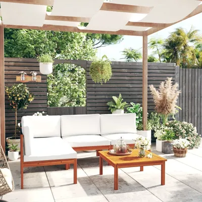 Produktbild von 5-tlg. Garten-Lounge-Set mit Kissen Cremeweiß Massivholz Akazie , Gartenmöbel-Sets Design 2024