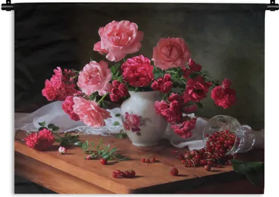 Produktbild von MuchoWow® Wandteppich Wandbehang Rosen - Stilleben - Rosa 120x90 cm Tapisserie Dekoration Wandtuch - Wohnen - Aufhänger für die Wand
