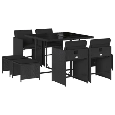 Produktbild von 9-tlg. Garten-Essgruppe mit Kissen Schwarz Poly Rattan