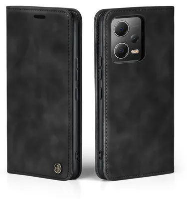 A black flip case for a smartphone is shown from two angles.