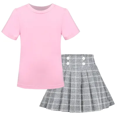 Immagine prodotto di Completo da ragazza: top corto in maglia a coste e minigonna a quadri - stile casual da scuola